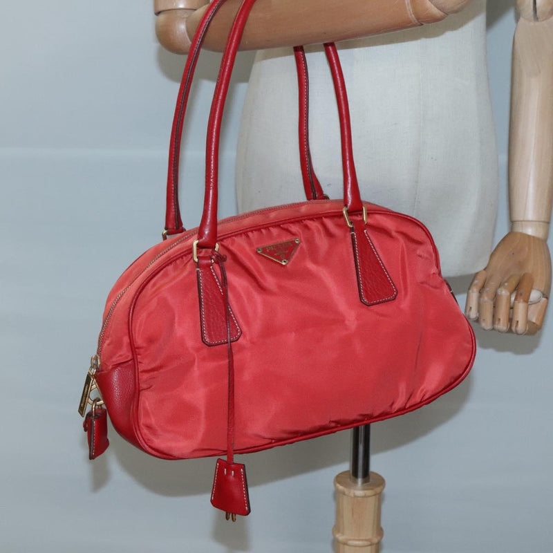 PRADA Hand Bag Nylon Red Gold Auth 120461