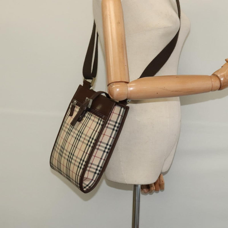 BURBERRY Nova Check Shoulder Bag Canvas Beige Silver Auth 120474