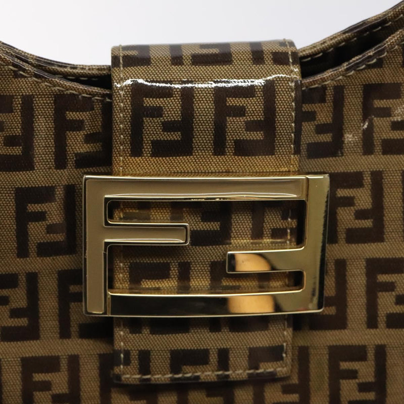 FENDI Zucchino Canvas Mamma Baguette Shoulder Bag Enamel Brown Gold Auth 120478