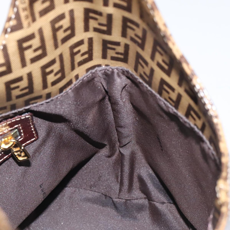 FENDI Zucchino Canvas Mamma Baguette Shoulder Bag Enamel Brown Gold Auth 120478