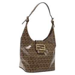 FENDI Zucchino Canvas Mamma Baguette Shoulder Bag Enamel Brown Gold Auth 120478