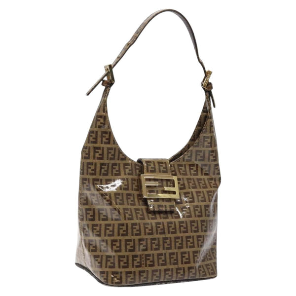 FENDI Zucchino Canvas Mamma Baguette Shoulder Bag Enamel Brown Gold Auth 120478