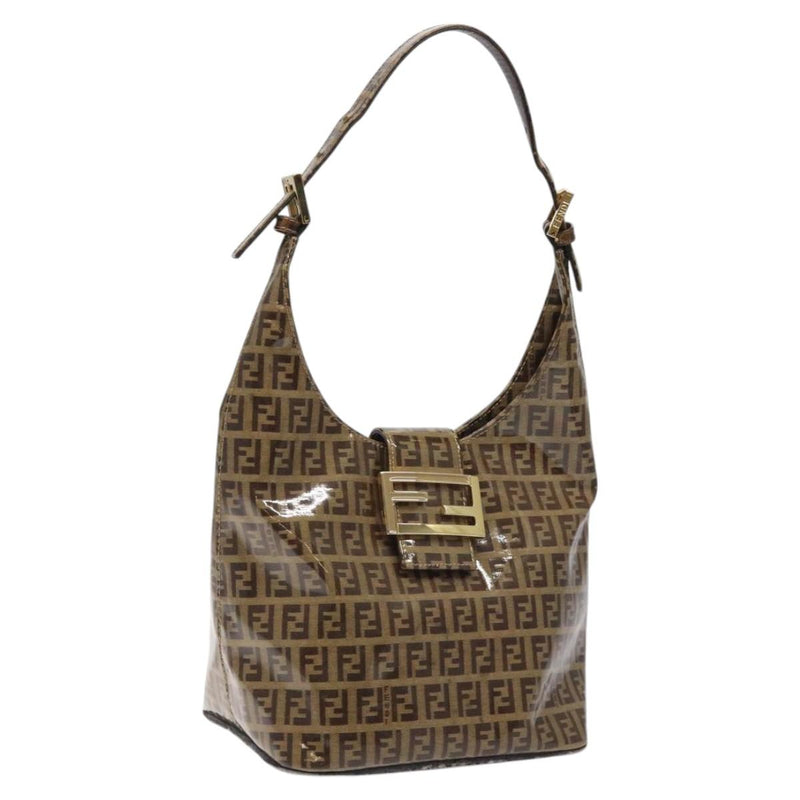 FENDI Zucchino Canvas Mamma Baguette Shoulder Bag Enamel Brown Gold Auth 120478