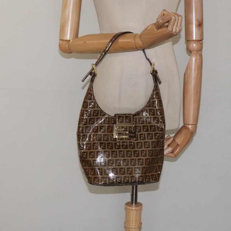 FENDI Zucchino Canvas Mamma Baguette Shoulder Bag Enamel Brown Gold Auth 120478