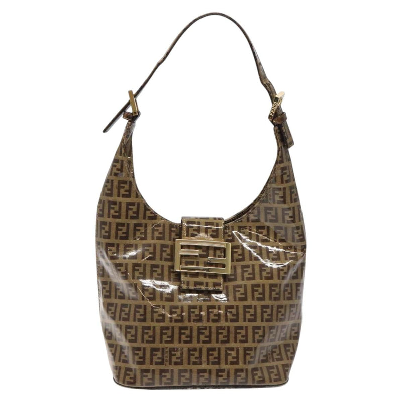 FENDI Zucchino Canvas Mamma Baguette Shoulder Bag Enamel Brown Gold Auth 120478