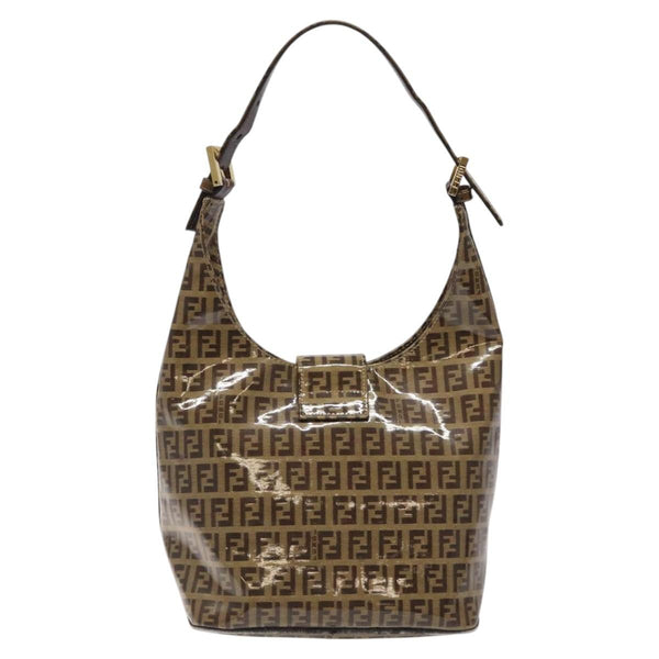 FENDI Zucchino Canvas Mamma Baguette Shoulder Bag Enamel Brown Gold Auth 120478