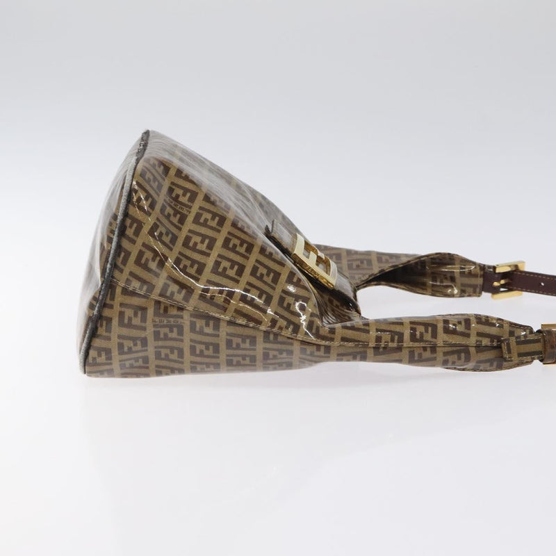 FENDI Zucchino Canvas Mamma Baguette Shoulder Bag Enamel Brown Gold Auth 120478