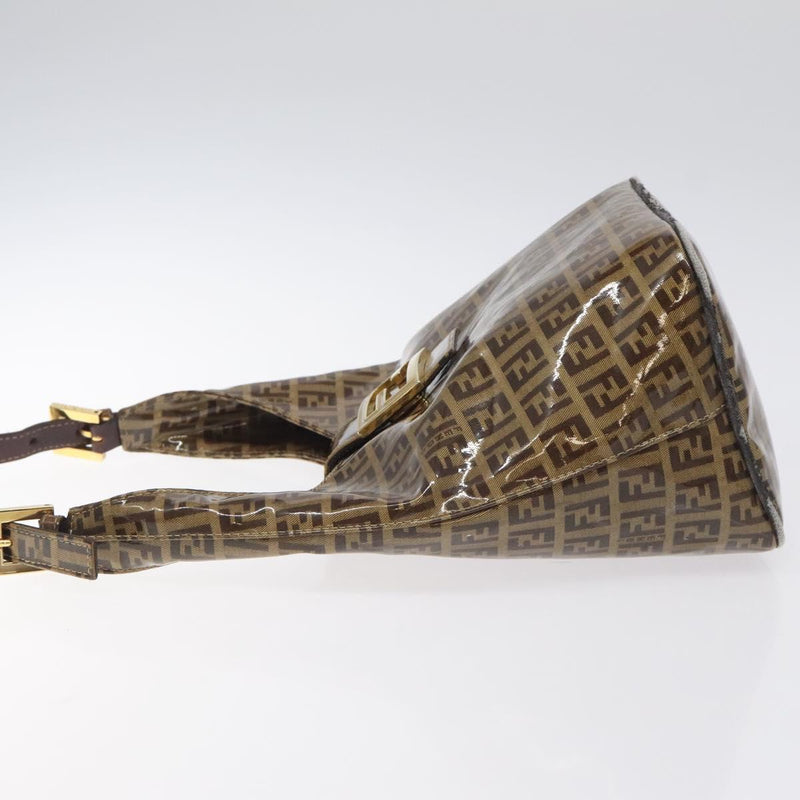FENDI Zucchino Canvas Mamma Baguette Shoulder Bag Enamel Brown Gold Auth 120478