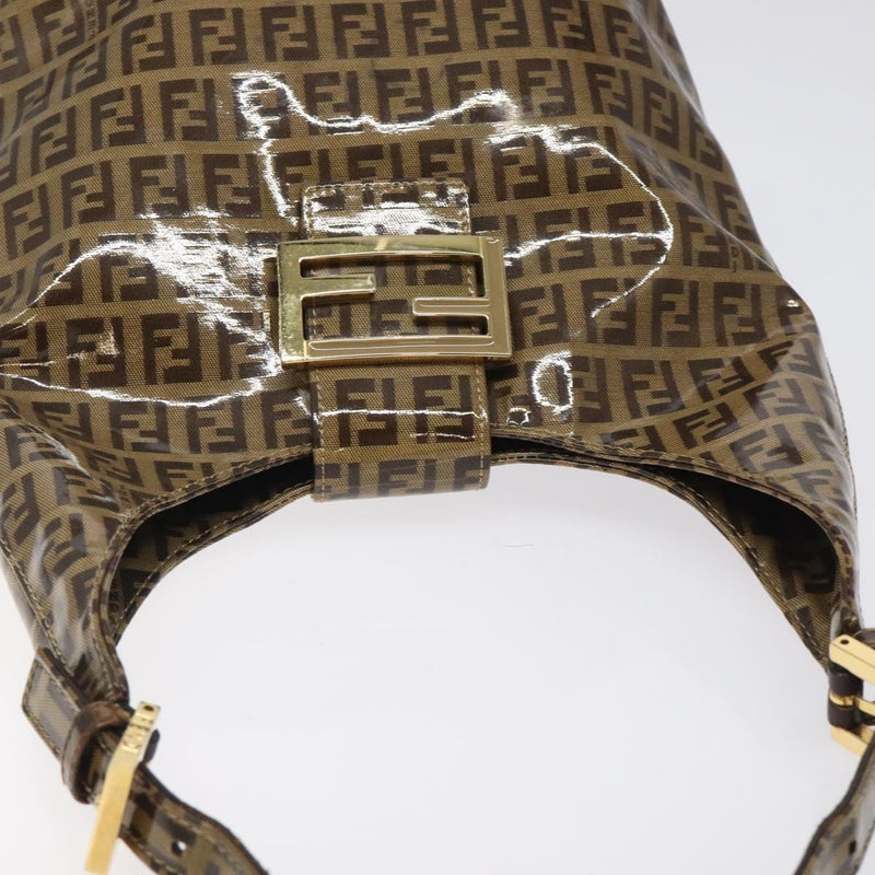 FENDI Zucchino Canvas Mamma Baguette Shoulder Bag Enamel Brown Gold Auth 120478