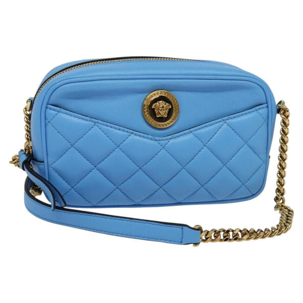 VERSACE Quilted Chain Shoulder Bag - Luxury Leather Blue Gold