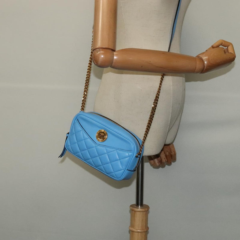 VERSACE Quilted Chain Shoulder Bag - Luxury Leather Blue Gold