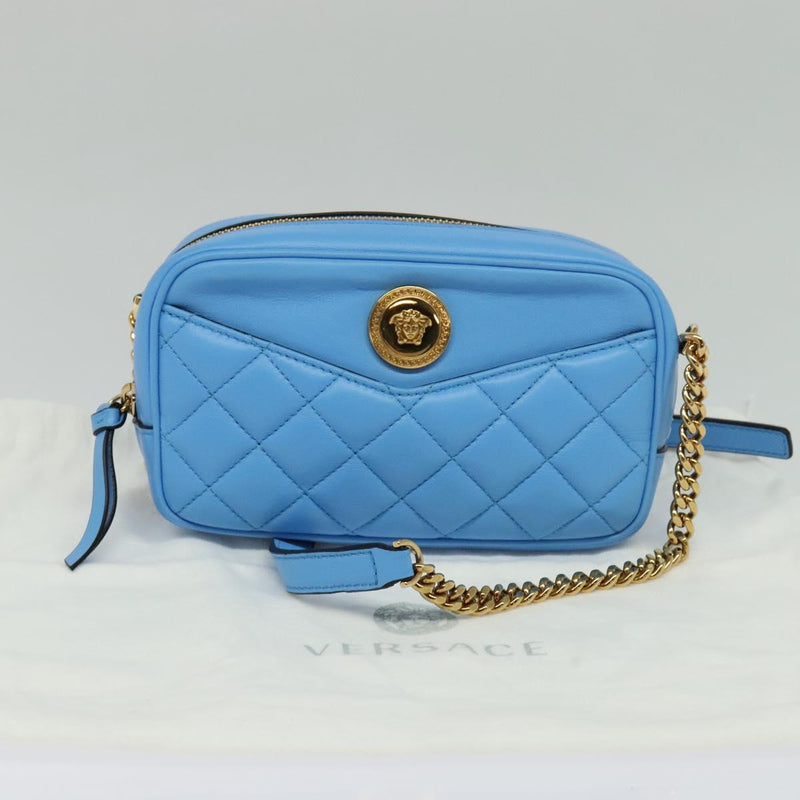 VERSACE Quilted Chain Shoulder Bag - Luxury Leather Blue Gold