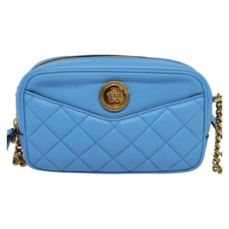 VERSACE Quilted Chain Shoulder Bag - Luxury Leather Blue Gold
