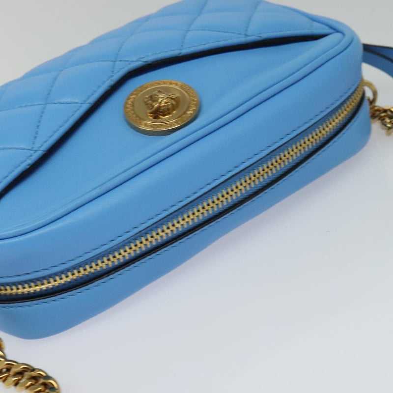 VERSACE Quilted Chain Shoulder Bag - Luxury Leather Blue Gold