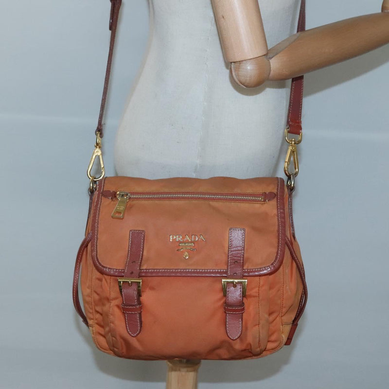 PRADA Shoulder Bag Nylon Brown Gold Auth 120483
