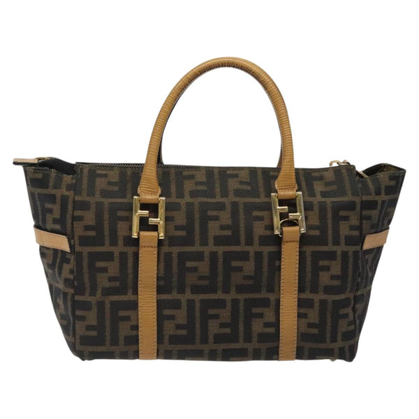 FENDI Zucca Canvas Hand Bag Brown Black gold Auth 120928