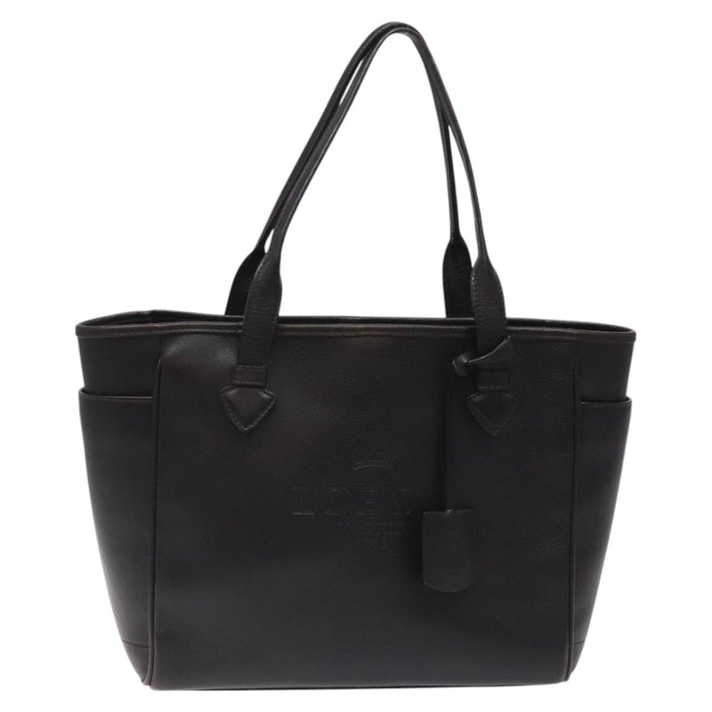 LOEWE Tote Bag Leather Dark Brown gold Auth 120929