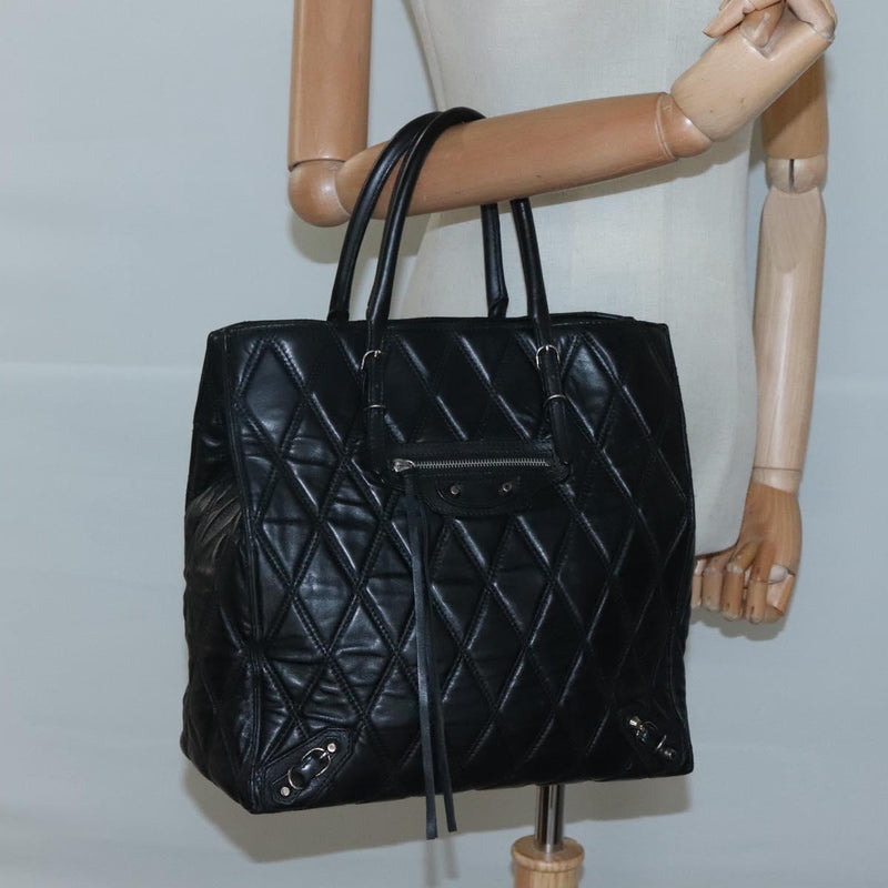 BALENCIAGA Hand Bag Leather Black Silver Auth 120938