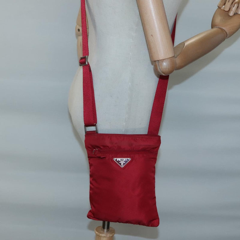PRADA Shoulder Bag Nylon Red Silver Auth 120955
