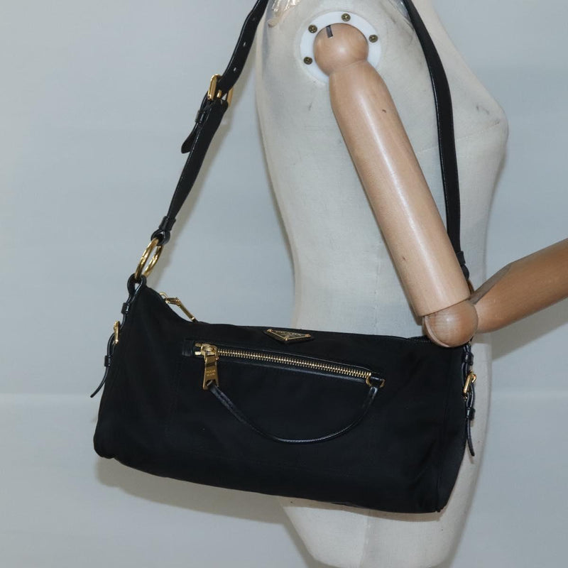 PRADA Shoulder Bag Nylon Black Gold Auth 120958