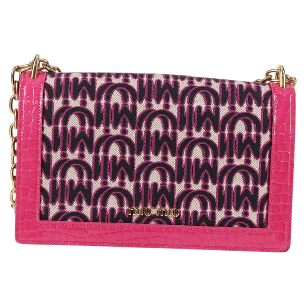 Miu Miu Chain Shoulder Bag Canvas Leather 2way Pink Gold Auth 120964AM