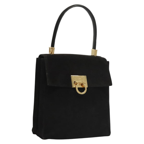 Salvatore Ferragamo Gancini Hand Bag Suede Gold Black Auth 121421