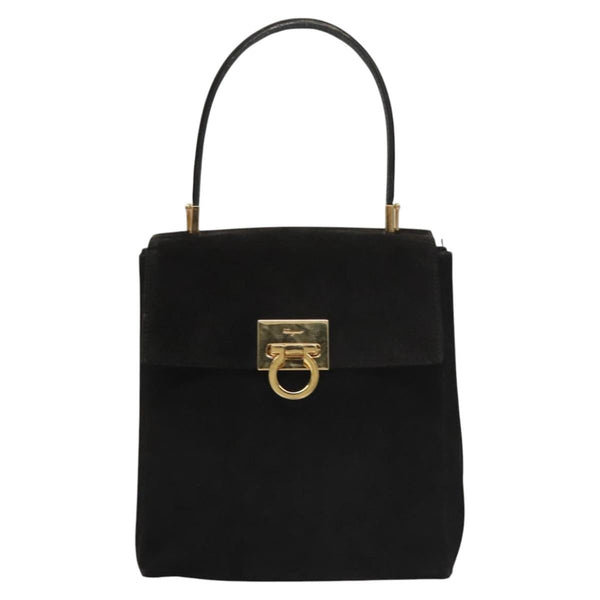 Salvatore Ferragamo Gancini Hand Bag Suede Gold Black Auth 121421