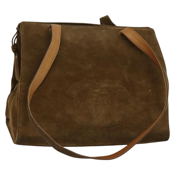 CHANEL Shoulder Bag Suede Brown Gold CC Auth 121425