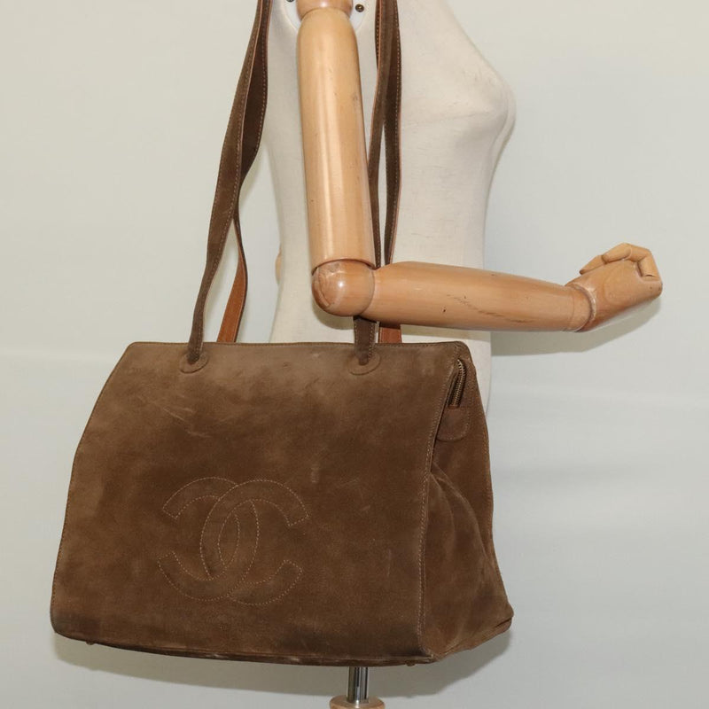 CHANEL Shoulder Bag Suede Brown Gold CC Auth 121425