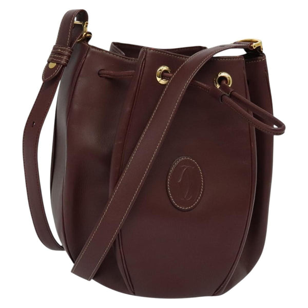 CARTIER Must Line Shoulder Bag Leather Gold Bordeaux Auth 121459