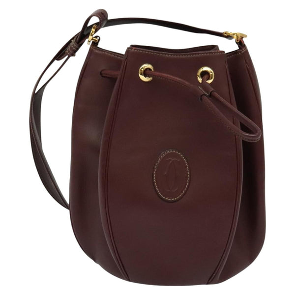 CARTIER Must Line Shoulder Bag Leather Gold Bordeaux Auth 121459