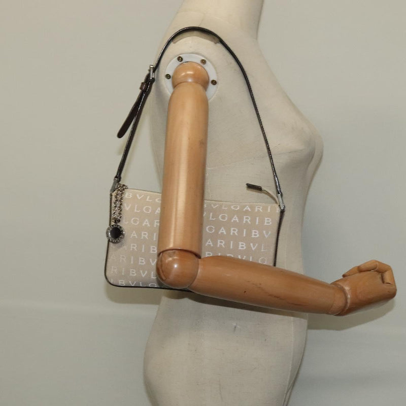 BVLGARI Shoulder Bag Canvas Ivory Silver Auth 121484