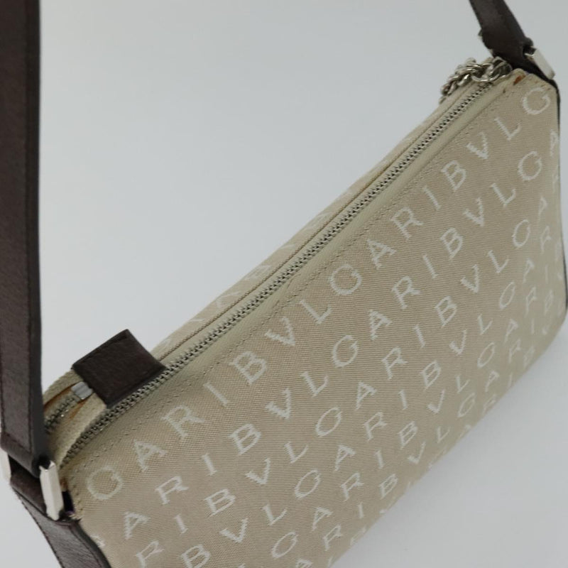 BVLGARI Shoulder Bag Canvas Ivory Silver Auth 121484