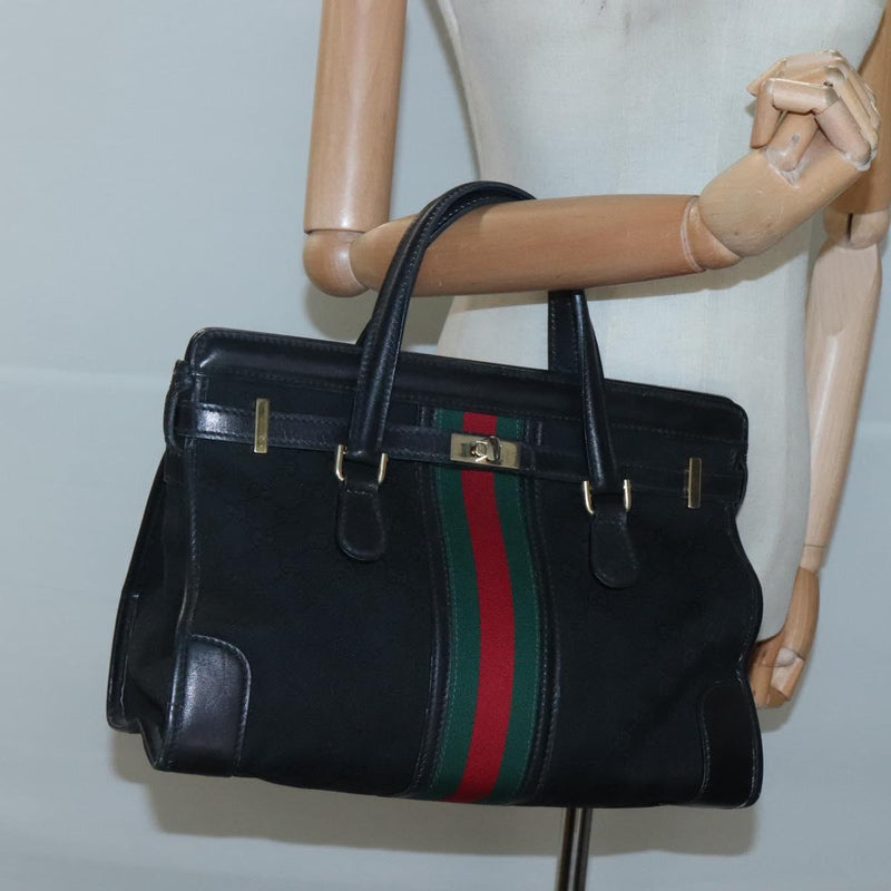 GUCCI GG Canvas Web Sherry Line Hand Bag Black Red Green Auth 121560