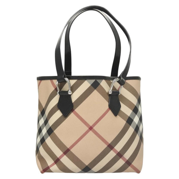 BURBERRY Nova Check Tote Bag PVC Beige Silver Auth 121636