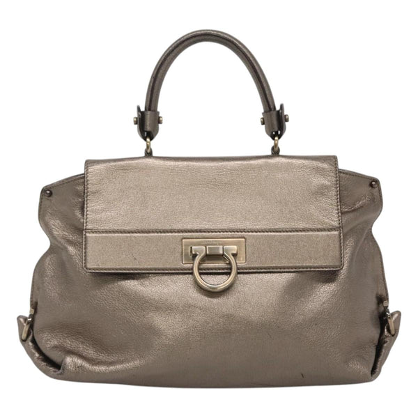 Salvatore Ferragamo Gancini Hand Bag Leather 2way Gold Tone Auth 121739