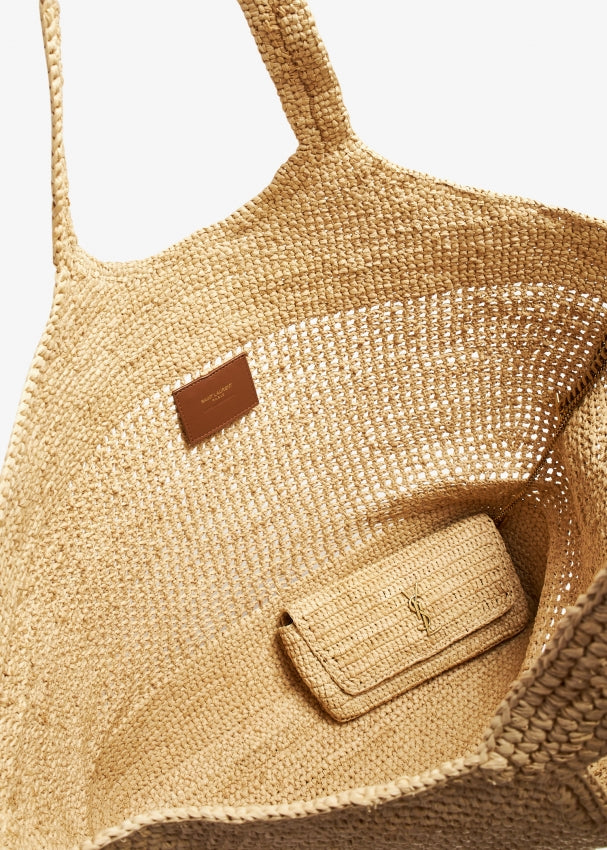 YSL Raffia Tote Interior - Detachable Chain Pouch and Adjustable Sides Close-up View