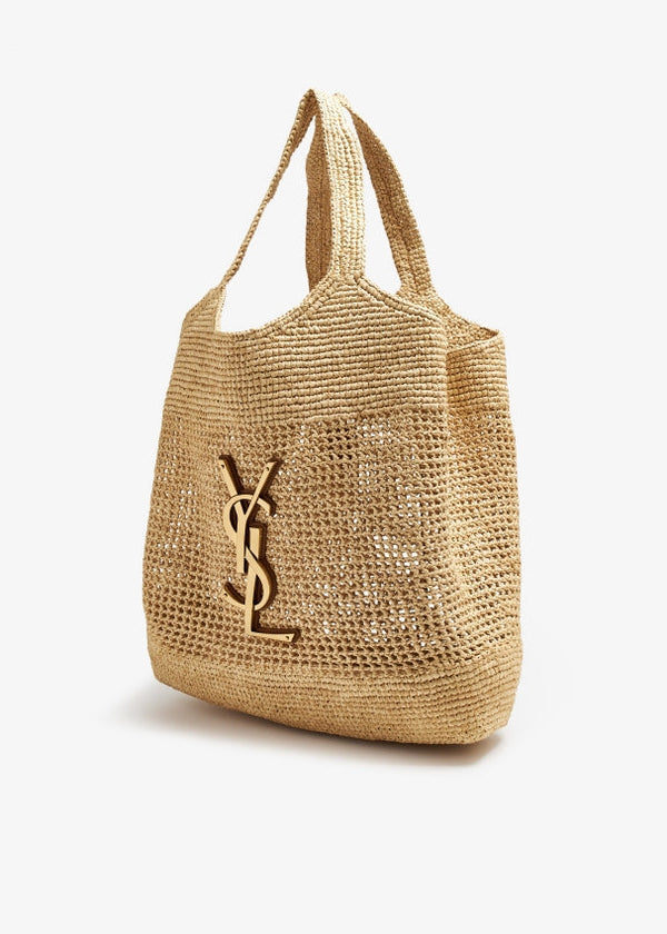 Saint Laurent Unlined Natural Raffia Large Tote - Luxury Summer Beach Bag with YSL Logo