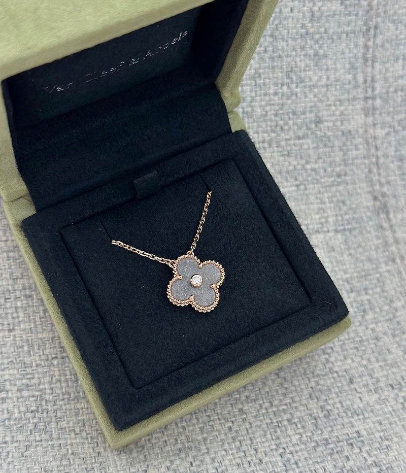 Van Cleef & Arpels Holiday 2024 Alhambra Silver Obsidian Rose Gold Pendant Necklace