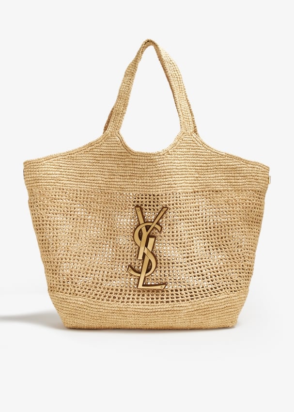 Authentic YSL Beige Raffia Shopping Tote - Hand-Embroidered Natural Raffia with Cassandre Logo