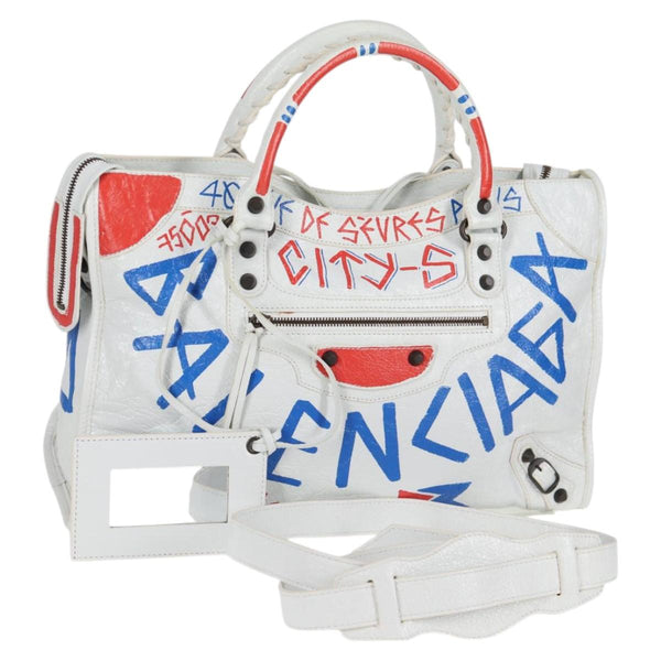 BALENCIAGA Graffiti Classic City Bag Leather 2way White 505550 Auth ac3780AM