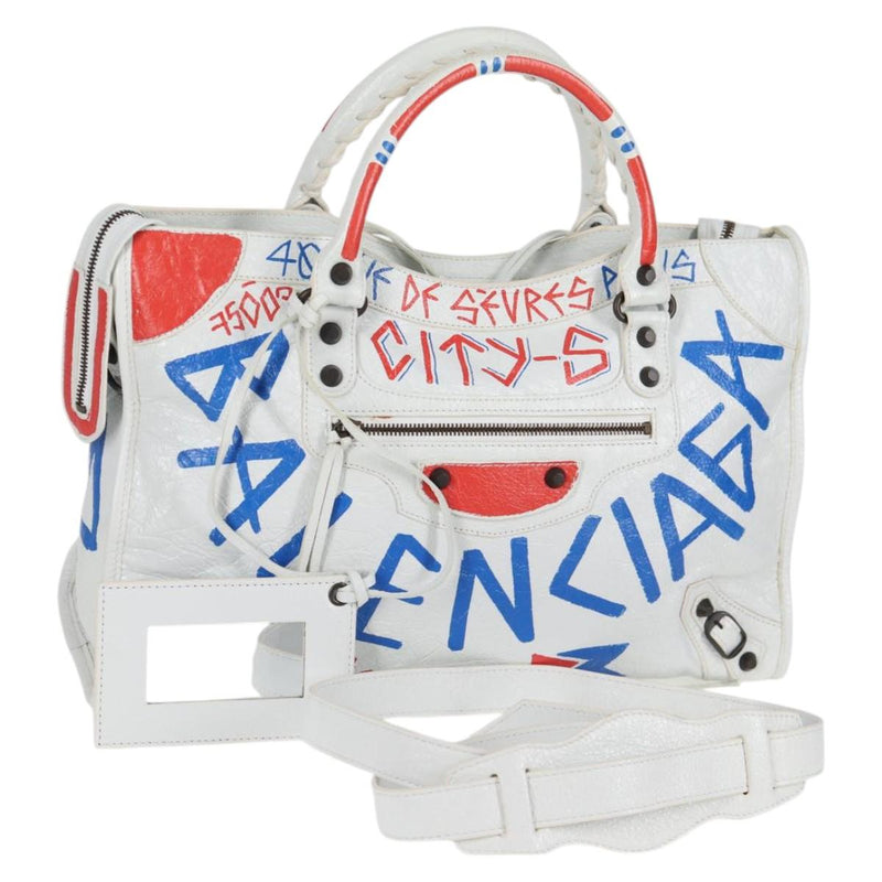 BALENCIAGA Graffiti Classic City Bag Leather 2way White 505550 Auth ac3780AM