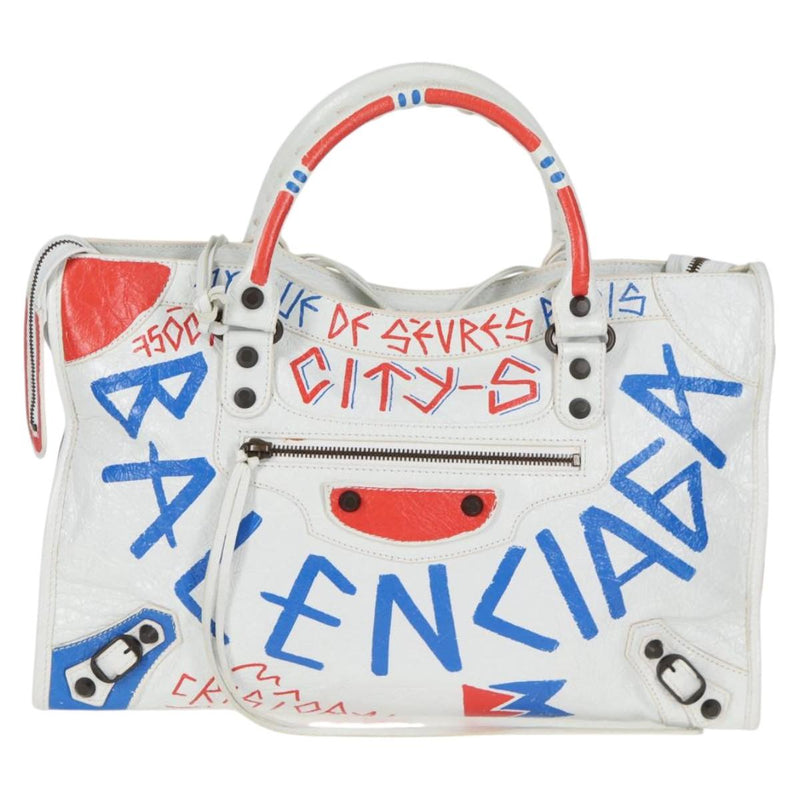 BALENCIAGA Graffiti Classic City Bag Leather 2way White 505550 Auth ac3780AM