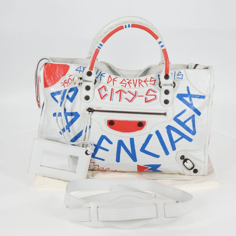 BALENCIAGA Graffiti Classic City Bag Leather 2way White 505550 Auth ac3780AM