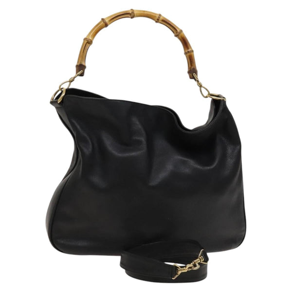 GUCCI Bamboo Hand Bag Leather 2way Black Gold 001 1781 1577 Auth ac3788