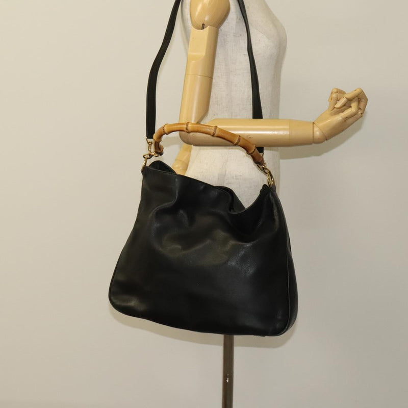 GUCCI Bamboo Hand Bag Leather 2way Black Gold 001 1781 1577 Auth ac3788