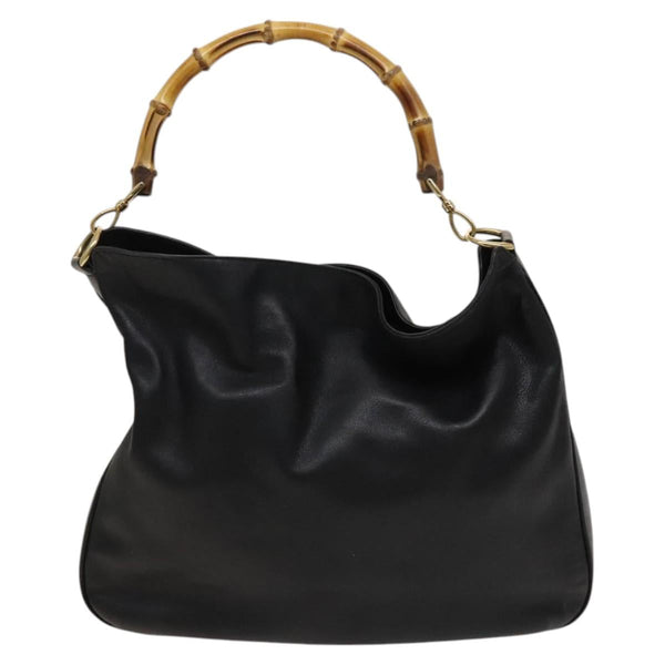 GUCCI Bamboo Hand Bag Leather 2way Black Gold 001 1781 1577 Auth ac3788