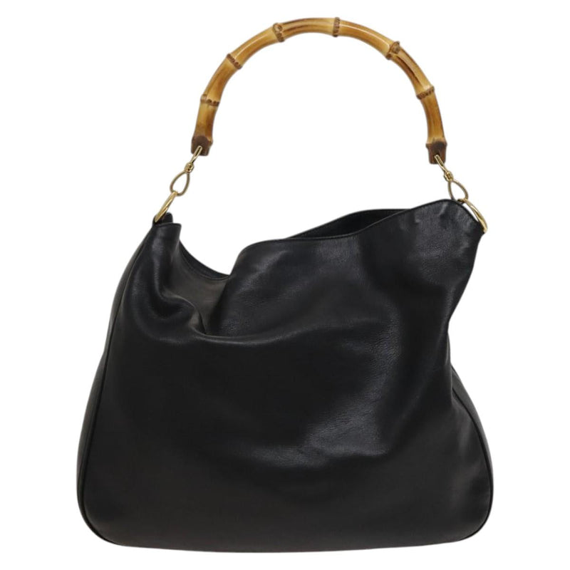 GUCCI Bamboo Hand Bag Leather 2way Black Gold 001 1781 1577 Auth ac3788
