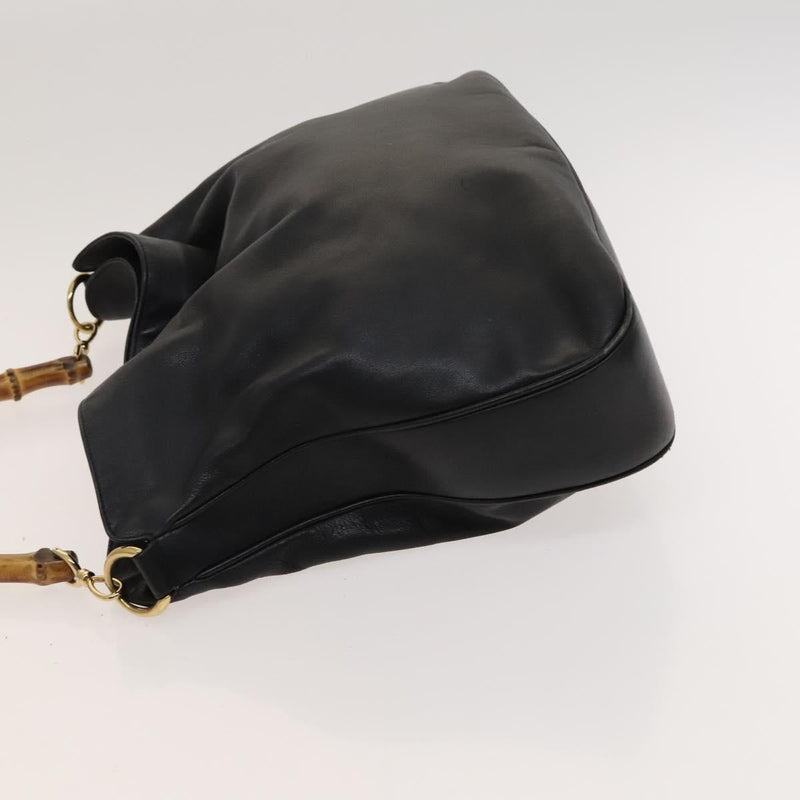 GUCCI Bamboo Hand Bag Leather 2way Black Gold 001 1781 1577 Auth ac3788