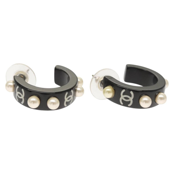 CHANEL COCO Mark Pierce Earring plastic Black CC Auth ac3796